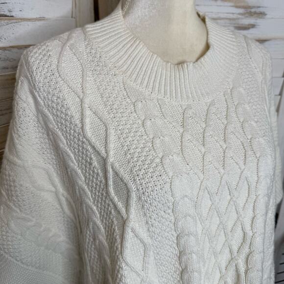 J. CREW Women's One Size Mock Neck Fisherman Cable Knit Poncho Sweater Cream - Picture 9 of 16